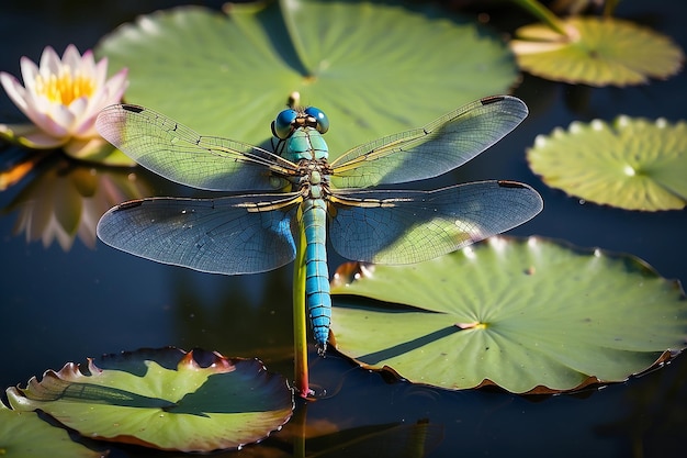 A dragon fly sitting on a water lily