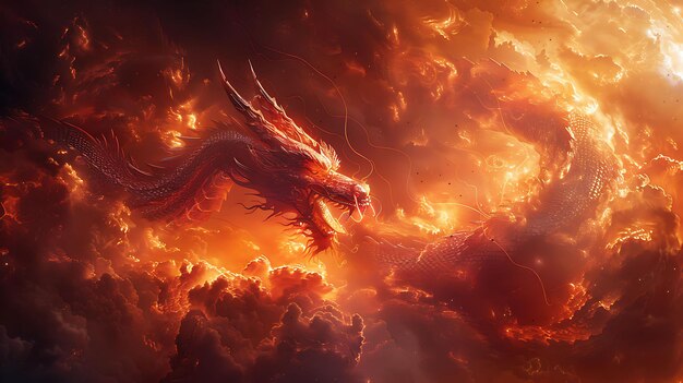 Photo a dragon flying in front of a fire with flames and smoke