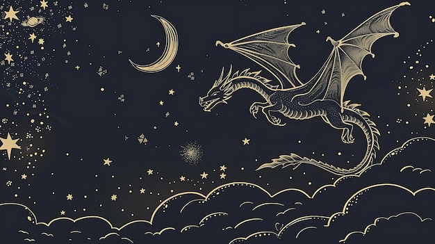 a dragon flying in the sky with the moon and clouds