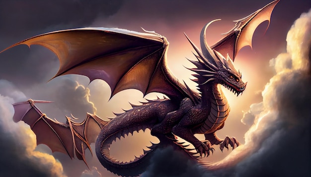 A dragon flying in the sky with the word dragon on it.