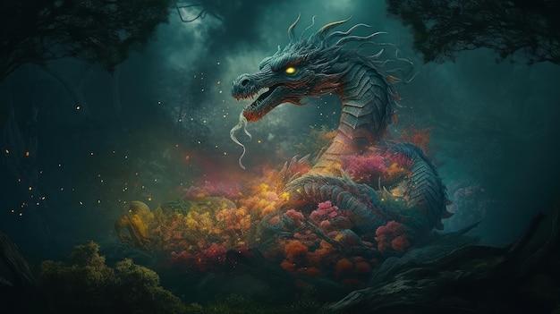 A dragon in the forest with a blue sky and clouds