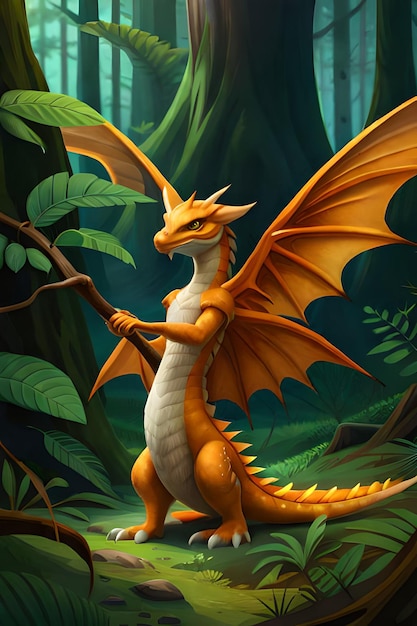 A dragon in the forest with a green background.