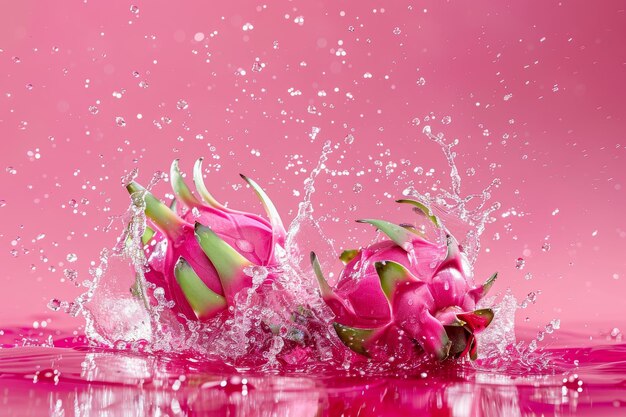 Dragon Fruit in Water Splashing Pitaya Fruit op een roze achtergrond Copy Space