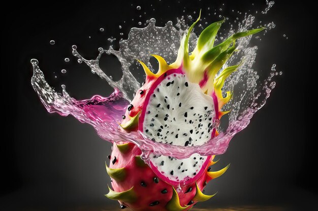 Photo a dragon fruit is being dropped into a water splash.