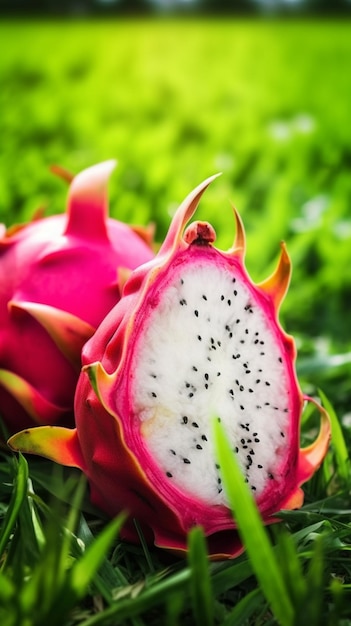 Dragon fruit is a fruit that is cut in half.