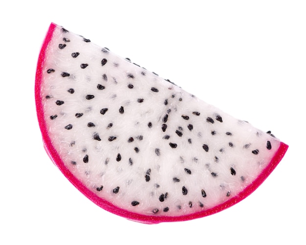 Dragon fruit isolated on white background. Slice of Pitaya or Pitahaya fruit with clipping path. Top view.