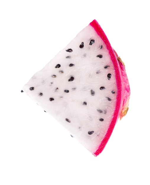 Dragon fruit isolated on white background. Slice of Pitaya or Pitahaya fruit with clipping path. Top view.