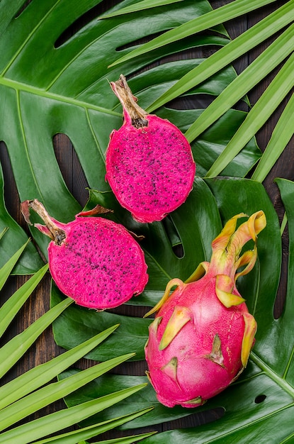 Dragon fruit on the leaves of palm and monster. 