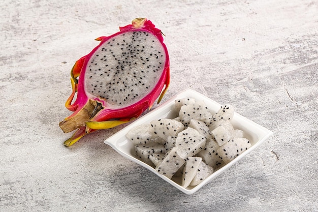 Dragon fruit Pitahaya cubes in the bowl