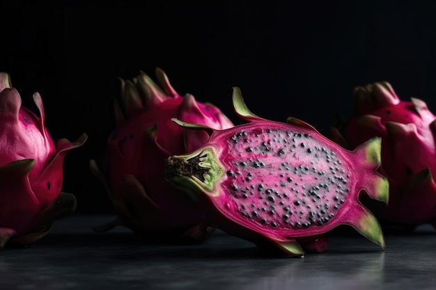 Dragon Fruit Plakjes Leggen Op Tafel Tegen Grijze Achtergrond Generatieve AI