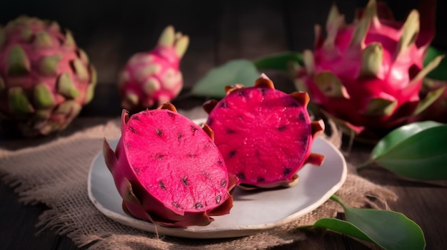 Dragon fruit on a plate with the top half of the fruit