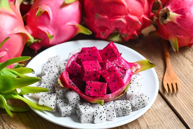 Dragon fruit slice on white plate with pitahaya background fresh white and pink red purple dragon fruit tropical in the asian thailand healthy fruit concept