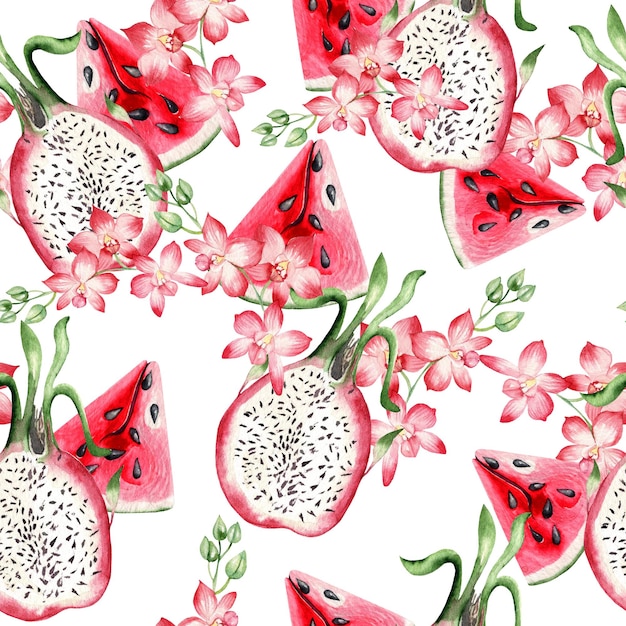 흰색 배경 수채화 그림에 용 과일과 열대 난초 꽃 원활한 패턴