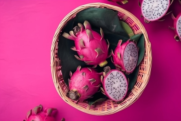 Dragon fruit in a wicker basket on pink table flat lay