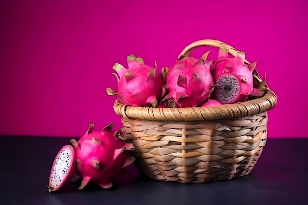 Dragon fruit in a wicker basket on pink table flat lay