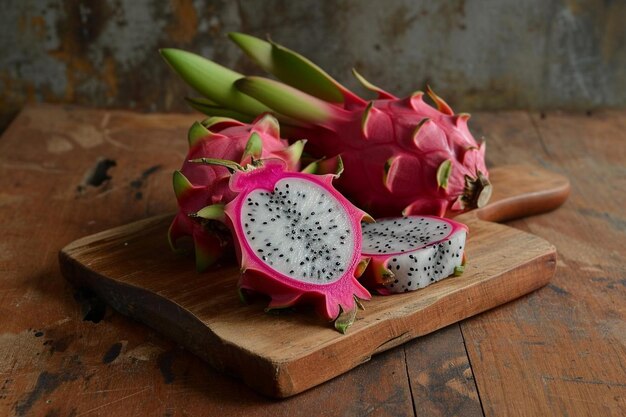 Dragon fruit in a wicker basket on wooden and cutting board