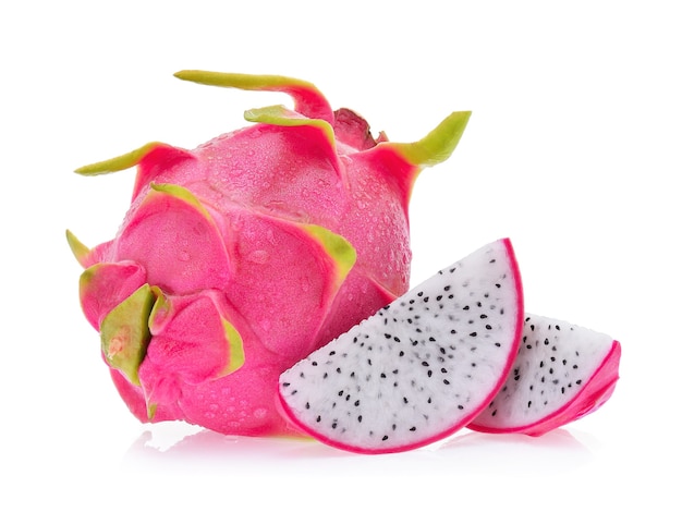 Dragon fruit with drops of water on white background.