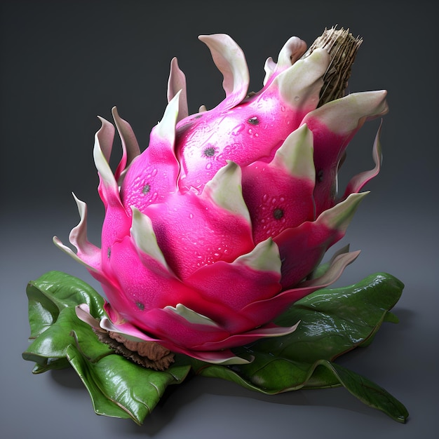 A dragon fruit with pink and white on the base.