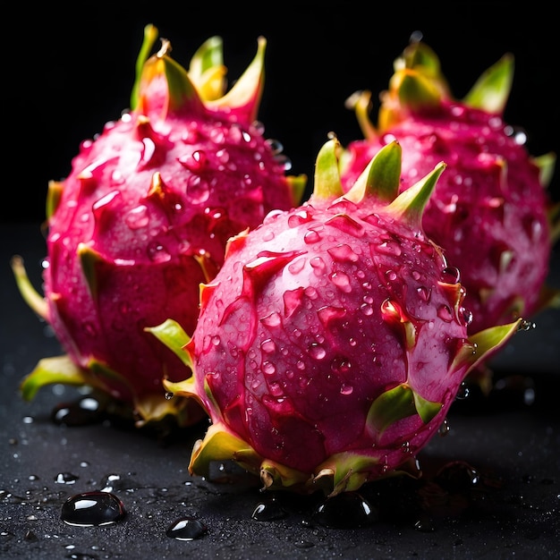 Dragon Fruit with Water Droplets on Black Surface
