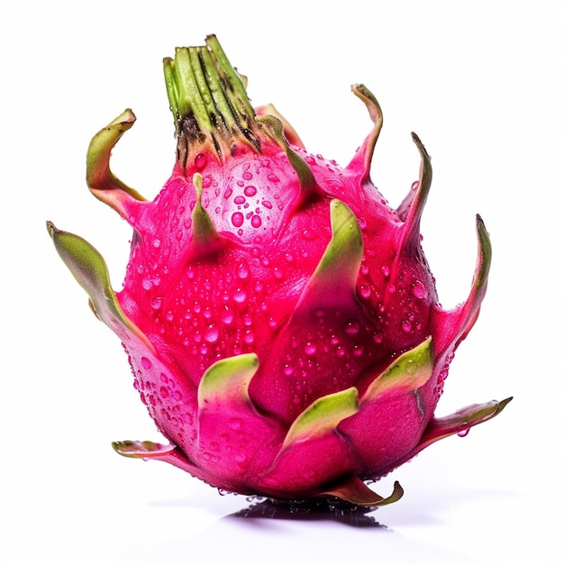 A dragon fruit with water droplets on it