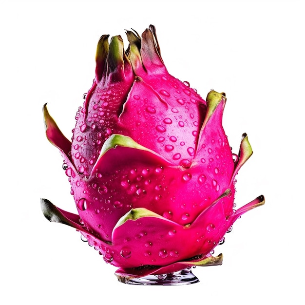 A dragon fruit with water droplets on it