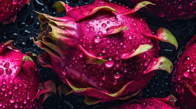 A dragon fruit with water droplets on it