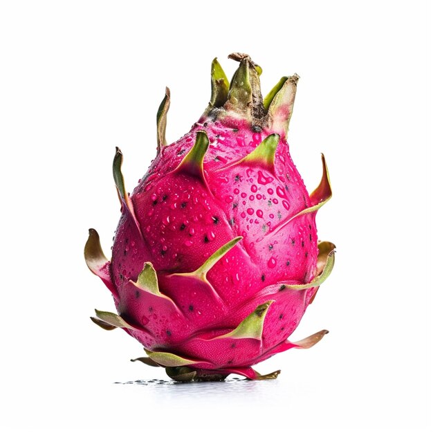 A dragon fruit with water droplets on the skin.