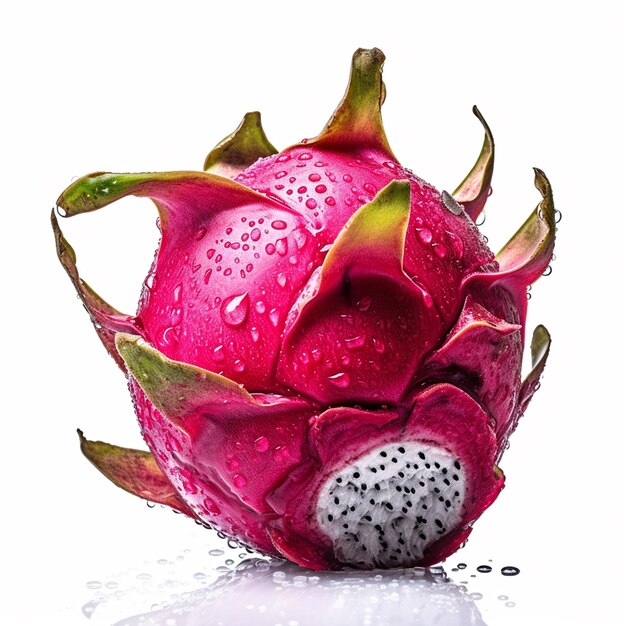 A dragon fruit with water drops on it