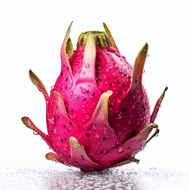 A dragon fruit with water drops on it