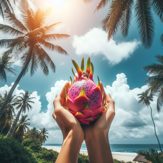 Photo dragon fruit in woman hand blue sky and palms background