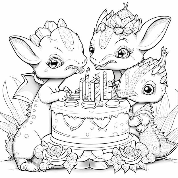 Foto dragon fun colorful coloring page baby dragons vieren het delen van een verjaardagstaart