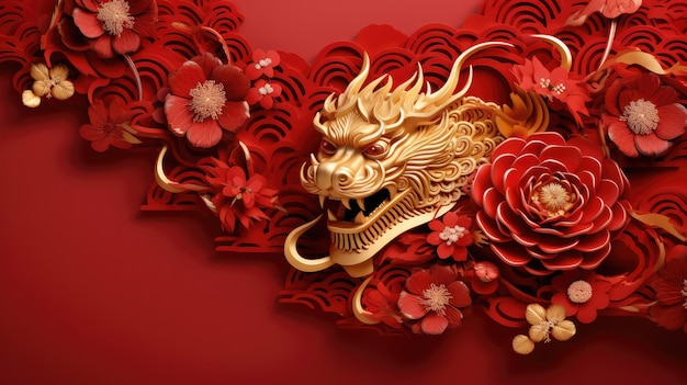 크래프트 타이거 페이퍼 커트 스타일의 드래곤 골드 (Dragon gold with craft tiger paper cut style photorealistic red on red background)