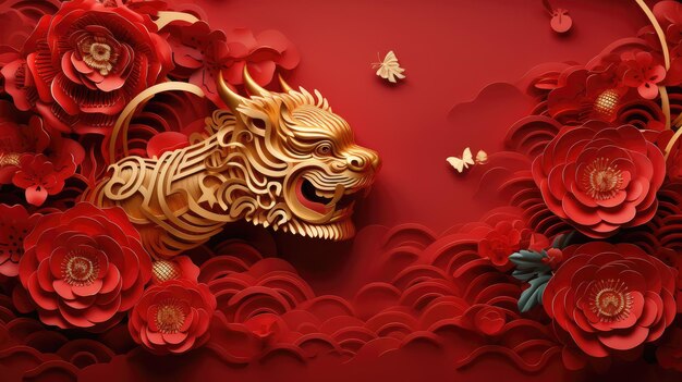 크래프트 타이거 페이퍼 커트 스타일의 드래곤 골드 (Dragon gold with craft tiger paper cut style photorealistic red on red background)