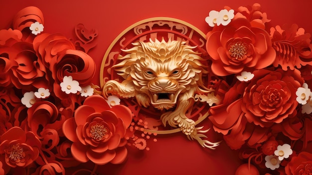 크래프트 타이거 페이퍼 커트 스타일의 드래곤 골드 (Dragon gold with craft tiger paper cut style photorealistic red on red background)