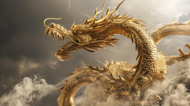 A Dragon Golden Chinese on foggy Clouds