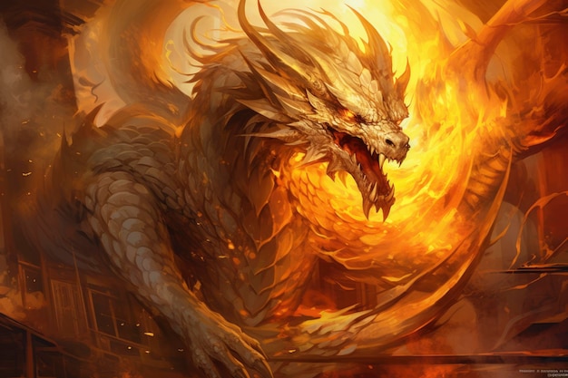 a dragon in a golden flame background Generative ai