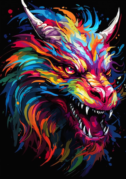 dragon head bright color transforming werewolf portrait face richly colored used snarling large