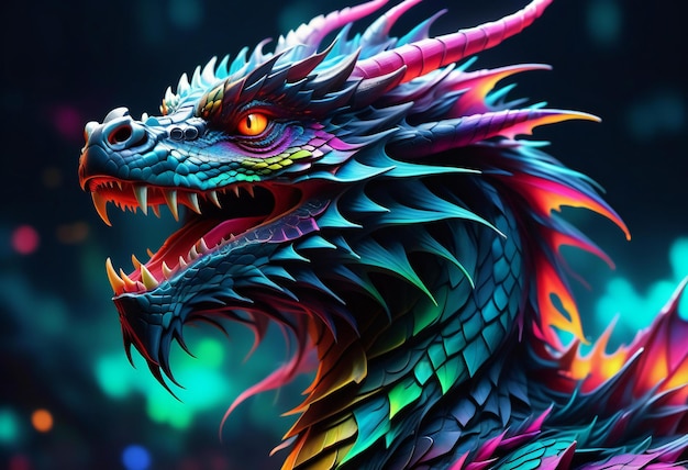 Dragon head in colorful neon light