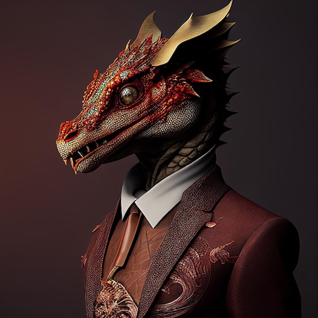 A dragon head is wearing a suit and a jacket.