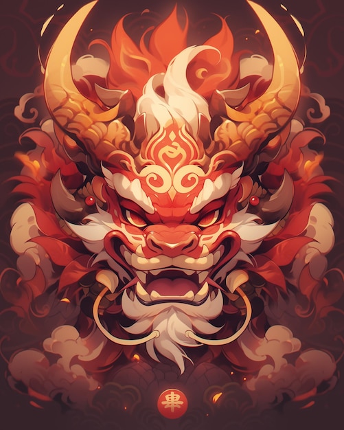 写真 火の背景のドラゴンの頭 中国の新年