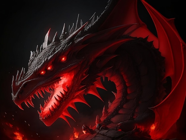 Голова дракона страшный черный дракон бьет мебель огненный год из рта на заднем плане