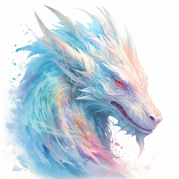 A dragon head with a blue and pink face.