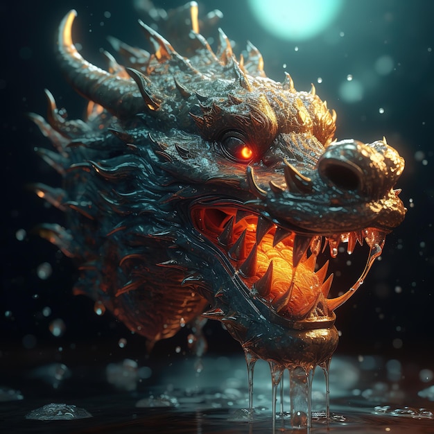 A dragon head with a glowing orange eye is in the water.