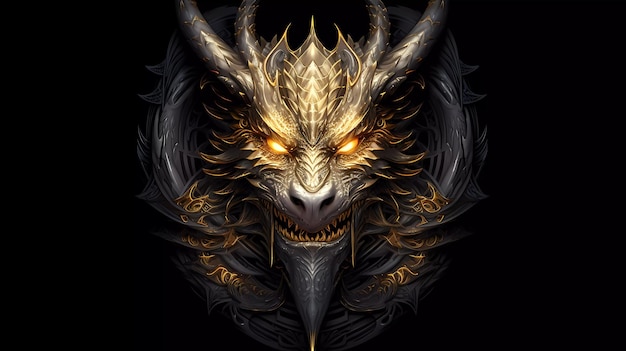 A dragon head with yellow eyes and a black background