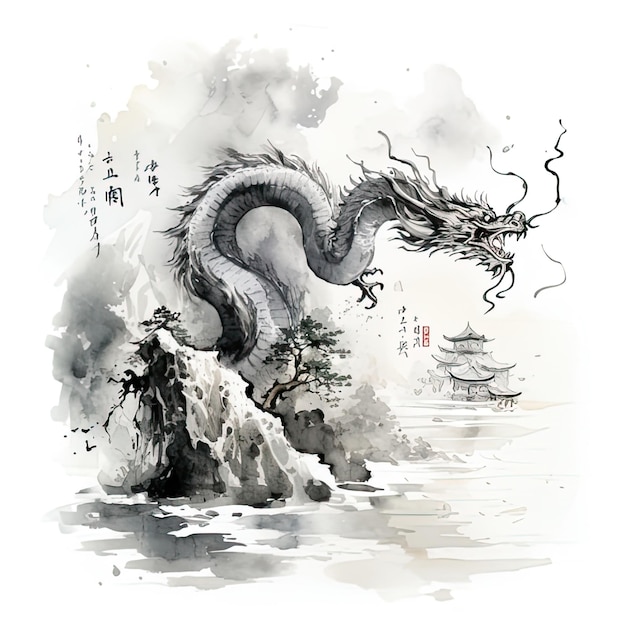 Dragon illustration in ink Sumie Japanese monochrome paintingragon illustration