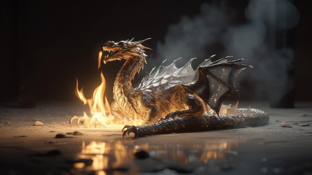 A dragon is burning in flames in a dark scene.