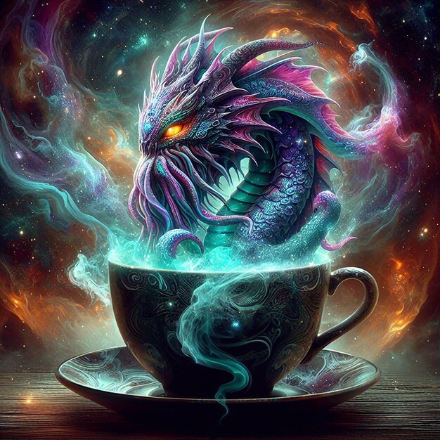 a dragon is on a cup of coffee