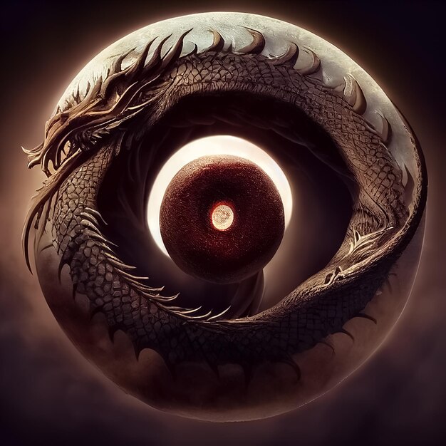 A dragon is curled up in a circle with a red eye.