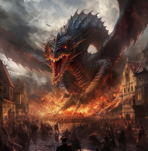 A dragon is on fire in a town with people around it.