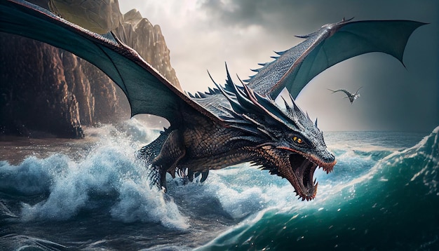 A dragon is flying over the ocean and the sea is about to land.